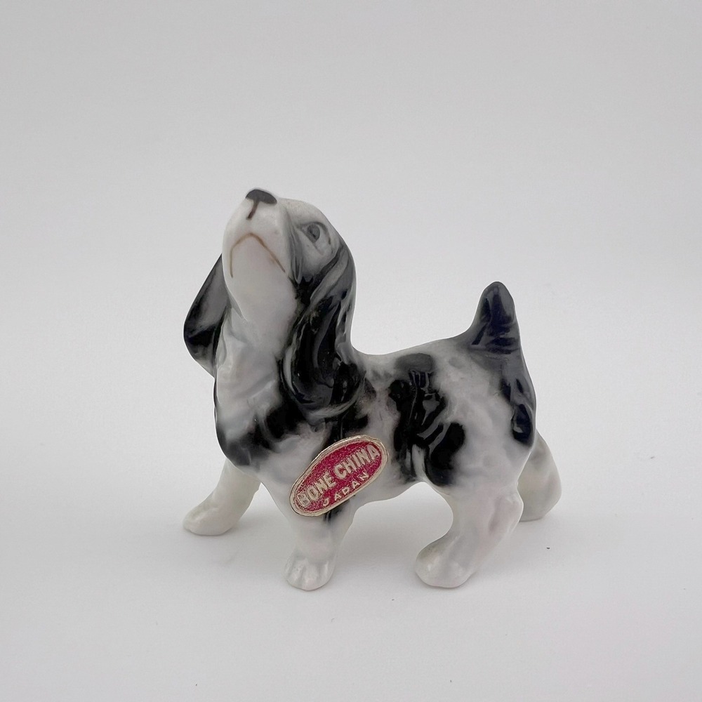 Vintage Bone‎ China Japan Tiny Dog Figurine Black White Spaniel Miniature